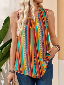 Camisa casual de verano sin mangas para mujer con cuello en V y rayas
