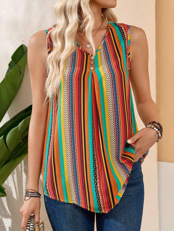 Camisa casual de verano sin mangas para mujer con cuello en V y rayas