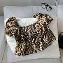 Comfortcana Camisa corta de manga abullonada con estampado de leopardo y moda de verano para mujer