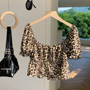 Comfortcana Camisa corta de manga abullonada con estampado de leopardo y moda de verano para mujer