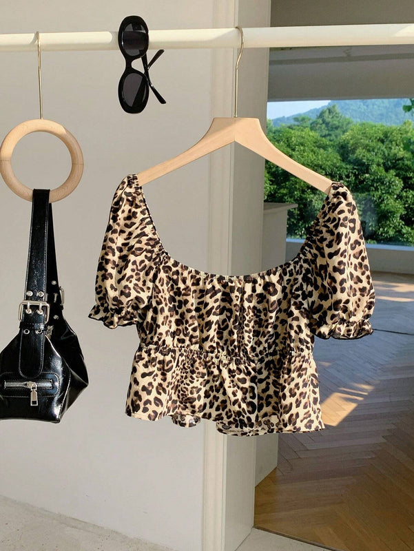 Comfortcana Camisa corta de manga abullonada con estampado de leopardo y moda de verano para mujer