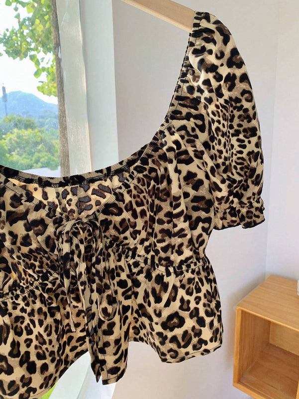 Comfortcana Camisa corta de manga abullonada con estampado de leopardo y moda de verano para mujer
