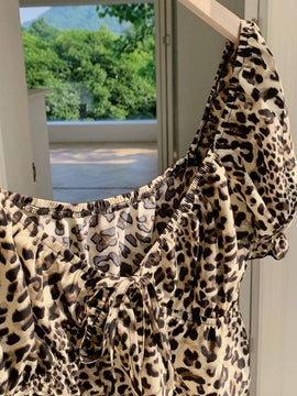 Comfortcana Camisa corta de manga abullonada con estampado de leopardo y moda de verano para mujer