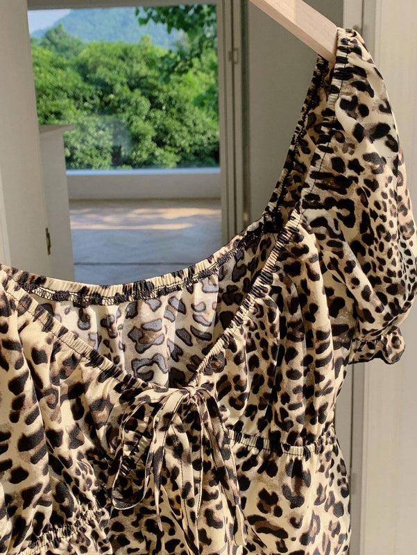 Comfortcana Camisa corta de manga abullonada con estampado de leopardo y moda de verano para mujer