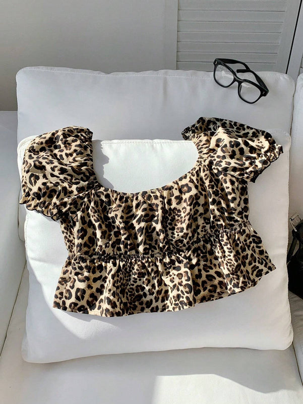 Comfortcana Camisa corta de manga abullonada con estampado de leopardo y moda de verano para mujer