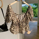 Comfortcana Camisa corta de manga abullonada con estampado de leopardo y moda de verano para mujer