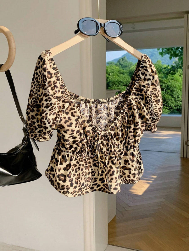 Comfortcana Camisa corta de manga abullonada con estampado de leopardo y moda de verano para mujer