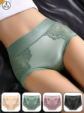 4 piezas/paquete de bragas sexys de triangulo de encaje y saten para mujeres con cintura alta y control abdominal, seccion delgada