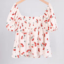 EZwear Blusa de manga abullonada con estampado de frutas y flores y cuello con volantes, primavera