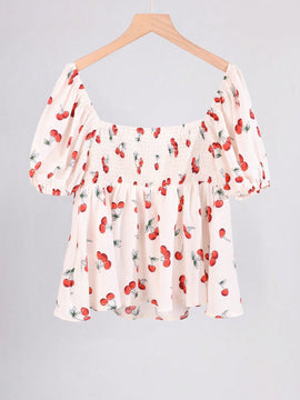 EZwear Blusa de manga abullonada con estampado de frutas y flores y cuello con volantes, primavera