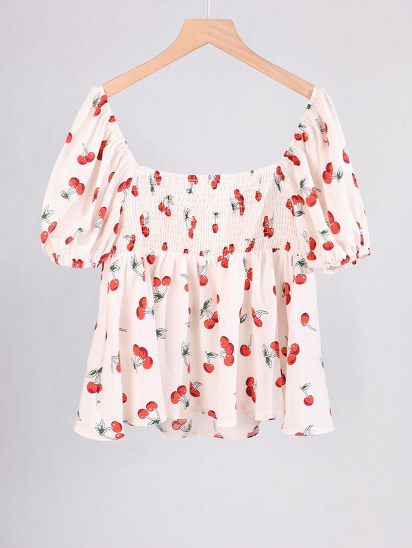 EZwear Blusa de manga abullonada con estampado de frutas y flores y cuello con volantes, primavera