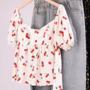 EZwear Blusa de manga abullonada con estampado de frutas y flores y cuello con volantes, primavera