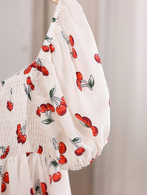 EZwear Blusa de manga abullonada con estampado de frutas y flores y cuello con volantes, primavera