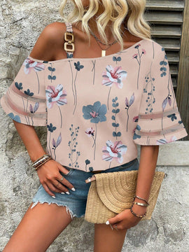 LUNE Camisa asimetrica con cuello con estampado floral estilo de vacaciones y con parche de malla para el tiempo libre