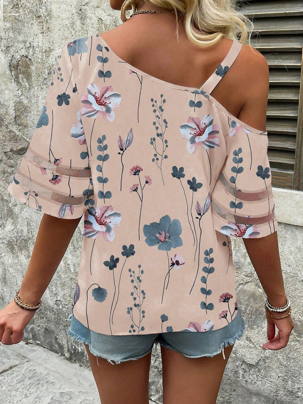 LUNE Camisa asimetrica con cuello con estampado floral estilo de vacaciones y con parche de malla para el tiempo libre