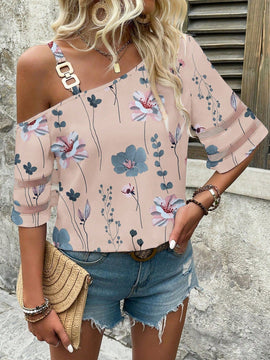 LUNE Camisa asimetrica con cuello con estampado floral estilo de vacaciones y con parche de malla para el tiempo libre