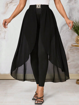 Lady Pantalones largos de verano con mangas de volantes y dobladillo irregular