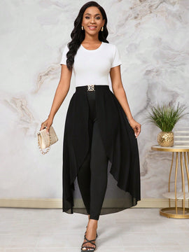 Lady Pantalones largos de verano con mangas de volantes y dobladillo irregular