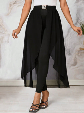 Lady Pantalones largos de verano con mangas de volantes y dobladillo irregular