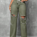 SXY Jeans casuales de pierna recta y cintura atada para mujeres con ajuste holgado y detalles desgastados