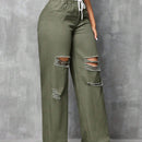 SXY Jeans casuales de pierna recta y cintura atada para mujeres con ajuste holgado y detalles desgastados