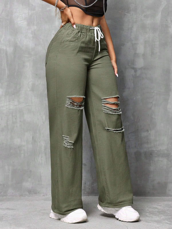 SXY Jeans casuales de pierna recta y cintura atada para mujeres con ajuste holgado y detalles desgastados