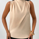 NEW  Slayr Blusa de verano casual con cuello alto, sin mangas y plisada de unicolor