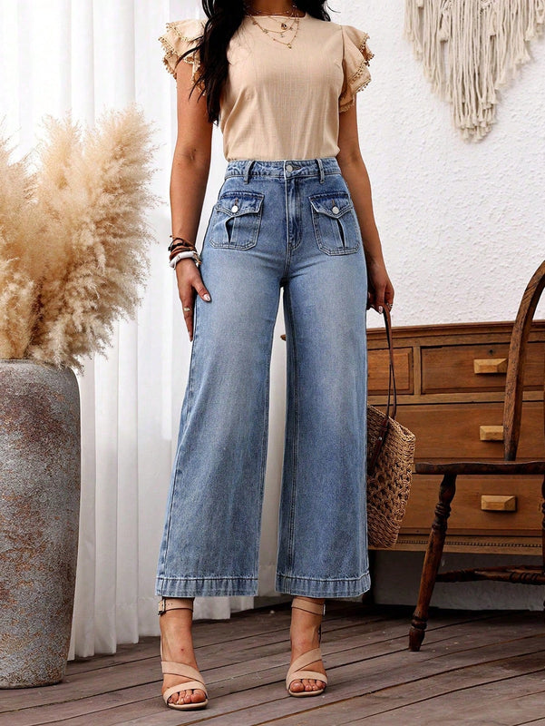 LUNE Jeans acampanados de 9/10 para mujer con bolsillos de solapa sin estiramiento