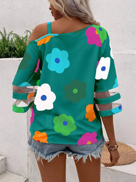 Camisa casual de mujer con estampado floral y parche de malla asimetrica en el cuello con decoracion circular para dias festivos