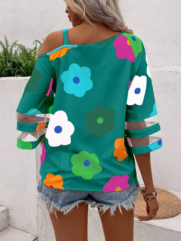 Camisa casual de mujer con estampado floral y parche de malla asimetrica en el cuello con decoracion circular para dias festivos