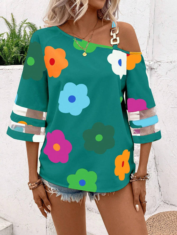 Camisa casual de mujer con estampado floral y parche de malla asimetrica en el cuello con decoracion circular para dias festivos