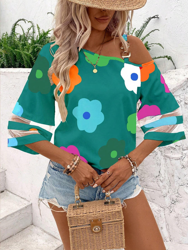 Camisa casual de mujer con estampado floral y parche de malla asimetrica en el cuello con decoracion circular para dias festivos