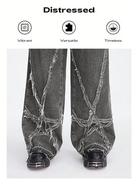ROMWE Grunge Punk Jeans de mezclilla de pierna ancha para mujer con ajuste holgado y bolsillos de parche de estrella