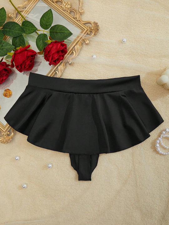 Estilo europeo y americano, Tangas de bikini ajustadas con volantes negros, lenceria para mujeres
