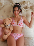 PetitDoll Conjunto de Brasier y panty de cierre frontal con encaje bordado en forma de corazon para mujeres