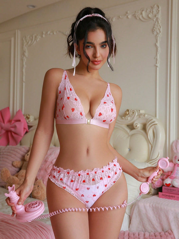 PetitDoll Conjunto de Brasier y panty de cierre frontal con encaje bordado en forma de corazon para mujeres
