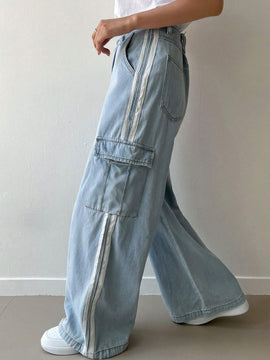 FRIFUL Pantalones Jeans casuales de pierna ancha y corte holgado para mujer con bolsillos, ropa de trabajo