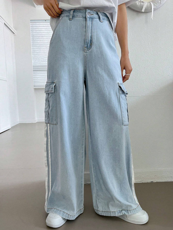 FRIFUL Pantalones Jeans casuales de pierna ancha y corte holgado para mujer con bolsillos, ropa de trabajo