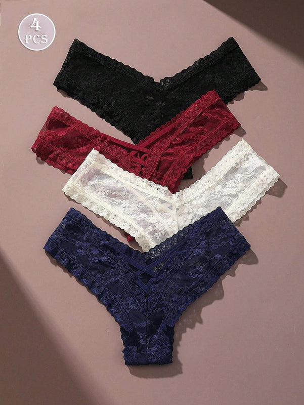 4/piezas tanga sexy para mujer, con diseno de flores pequenas calado y tirantes cruzados de encaje, ropa interior sexy