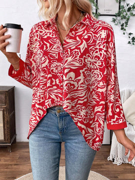 Camisa informal de manga larga para mujer con botones frontales y estampado completo con dobladillo asimetrico