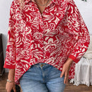 Camisa informal de manga larga para mujer con botones frontales y estampado completo con dobladillo asimetrico