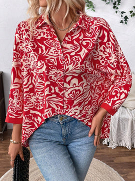 Camisa informal de manga larga para mujer con botones frontales y estampado completo con dobladillo asimetrico