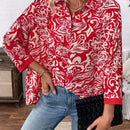 Camisa informal de manga larga para mujer con botones frontales y estampado completo con dobladillo asimetrico