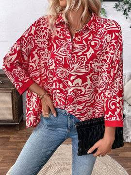 Camisa informal de manga larga para mujer con botones frontales y estampado completo con dobladillo asimetrico