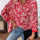 Camisa informal de manga larga para mujer con botones frontales y estampado completo con dobladillo asimetrico