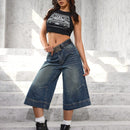 EZwear Pantalones Jeans de siete puntos y pierna ancha para mujeres con ajuste suelto y bolsillos