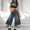 EZwear Pantalones Jeans de siete puntos y pierna ancha para mujeres con ajuste suelto y bolsillos