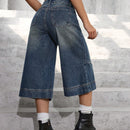 EZwear Pantalones Jeans de siete puntos y pierna ancha para mujeres con ajuste suelto y bolsillos