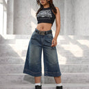 EZwear Pantalones Jeans de siete puntos y pierna ancha para mujeres con ajuste suelto y bolsillos