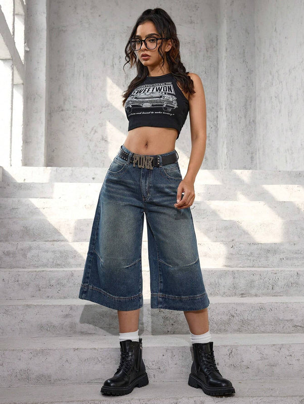 EZwear Pantalones Jeans de siete puntos y pierna ancha para mujeres con ajuste suelto y bolsillos